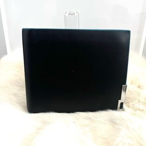 CUREWEKERIEN Leather Black Blue Stitching Silver Bi-Fold Wallet